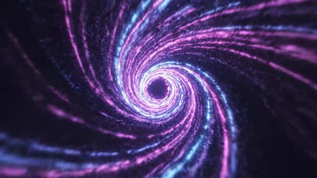 Abstract vibrant glowing light trails in purple pink and blue spiraling into a cosmic vortex on black background, dynamic energy particles forming a swirling galaxy nebula.
