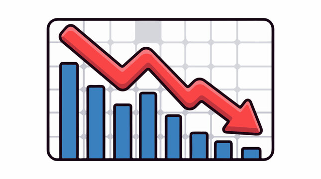 A bar graph with a downward trend shown by a red arrow