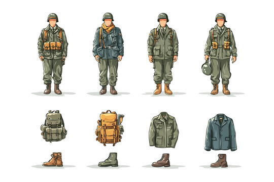 Minimalist Icon Set of WWII Equipment and Uniforms st isolated
