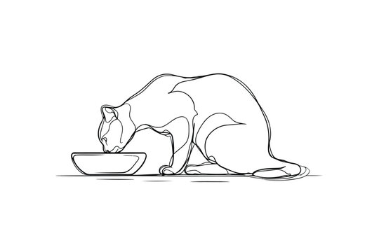 Minimalist Line Art of Cat Eating from Bowl isolated