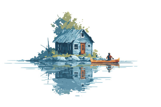Minimalist Poster of House on Water with Canoe isolated