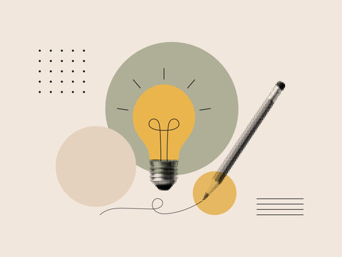 Minimalist idea and creativity concept with light bulb and pencil. Modern abstract collage illustration symbolizing innovation, brainstorming, education and problem solving.