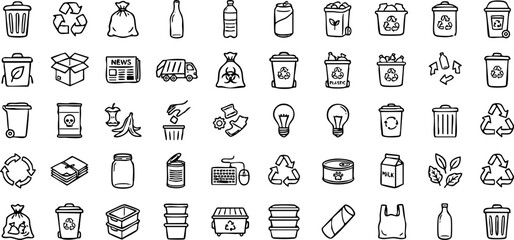 Naklejka premium Comprehensive collection of recycling waste and trash bin icons for environmental design with line art hand drawn trash can waste bins recycling environment