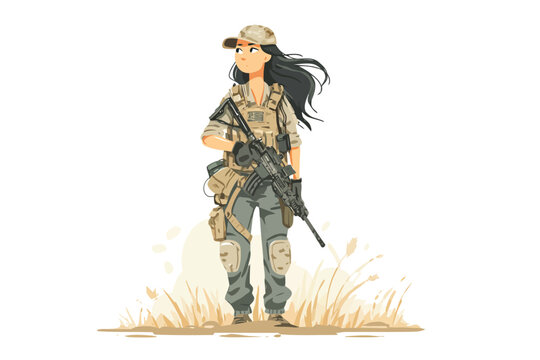 Modern Military Woman in Tactical Gear in Field isolated
