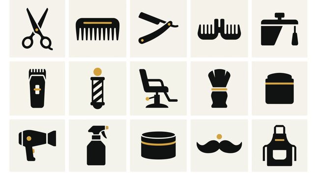 Minimalist vector icon set of barber shop equipment featuring scissors comb clippers and hairdryer, representing professional grooming services and hair salon branding