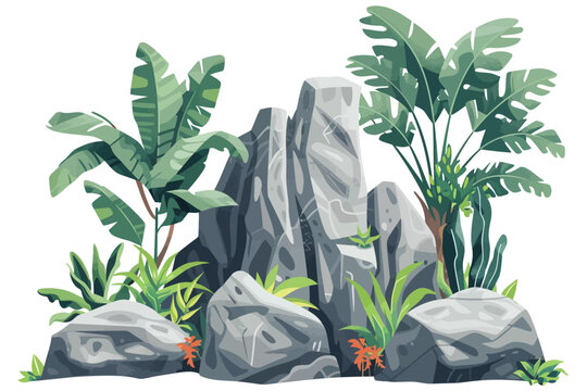 Modern outdoor rocks with plants isolated