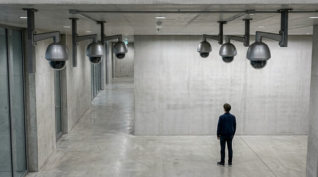 A lone individual stands in a minimalist, concrete-walled corridor lined with multiple dome surveillance cameras mounted on the ceiling.