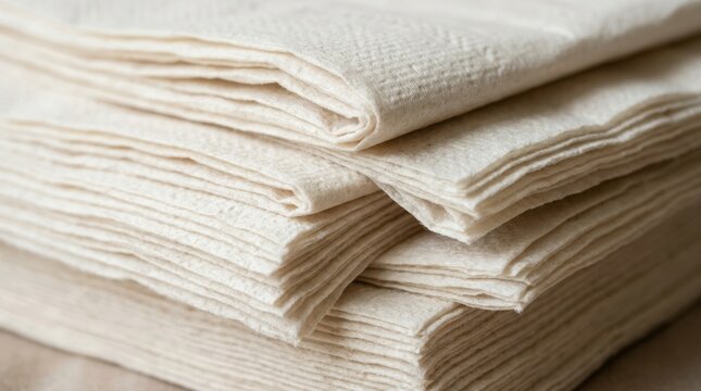 Stack of eco friendly unbleached paper napkins for sustainable dining and zero waste lifestyle concepts close up view of recycled brown tissue paper