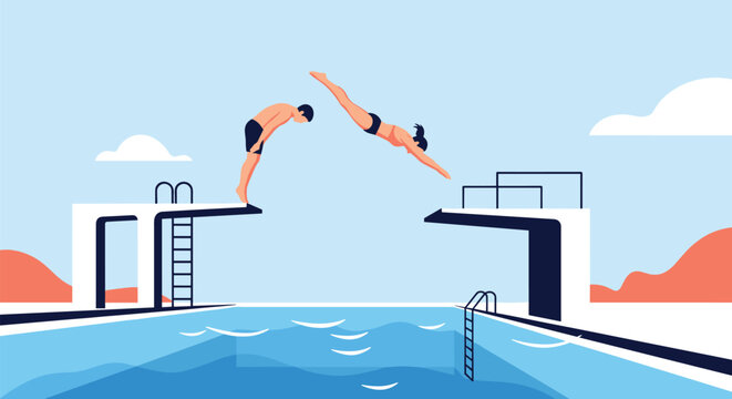 Man and woman performing synchronized dives into a blue swimming pool from high diving boards during summer recreation.