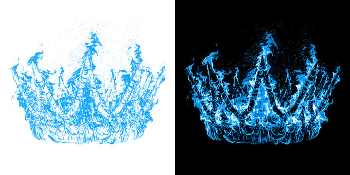 Majestic crown shape made of intense blue magic fire flames burning isolated on black background for digital fantasy.