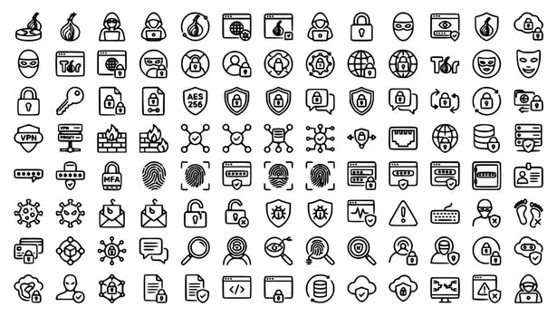 Darknet and Cybersecurity Outline Icon Set with Encryption VPN and Network Privacy Symbols