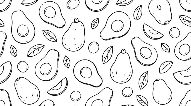 Hand drawn avocado pattern with seeds and leaves.