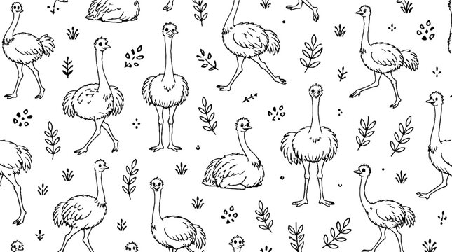 Elegant ostrich pattern with botanical accents.