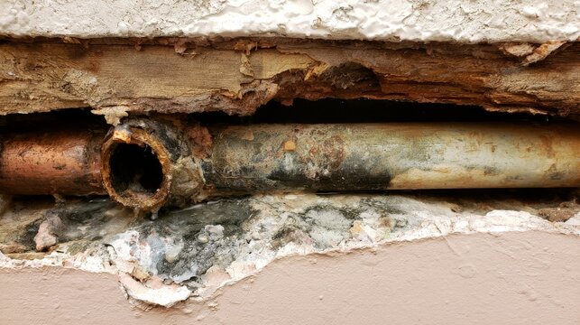 Pipe leak found in wall structure showing damage and mold near plumbing area