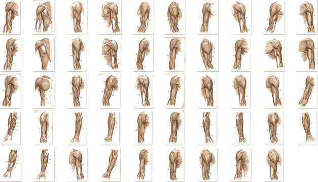 Vector icon collection demonstrating detailed human arm anatomy isolating shoulder deltoid biceps triceps and forearm muscles