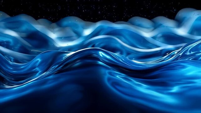 Shiny blue liquid ocean waves and dark starry night sky background, perfect for adding a mystical touch to designs. Vibrant abstract digital art.