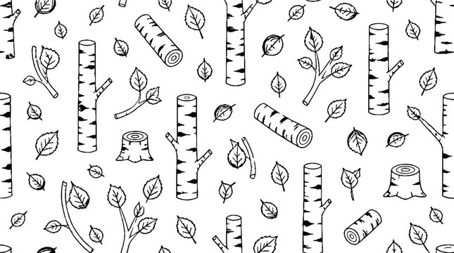 Hand drawn birch trees and leaves pattern design.