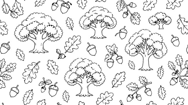 Detailed line art of trees leaves and acorns pattern.
