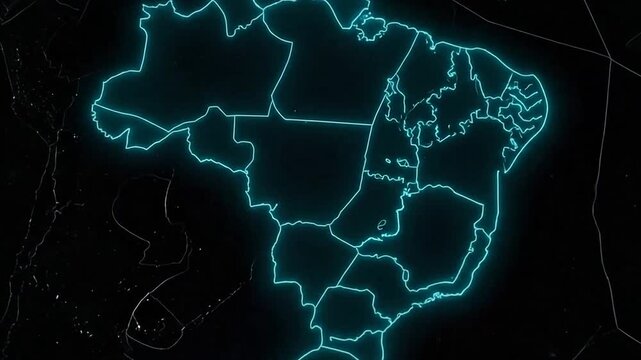 Glowing blue neon map of Brazil with state borders on a dark digital background