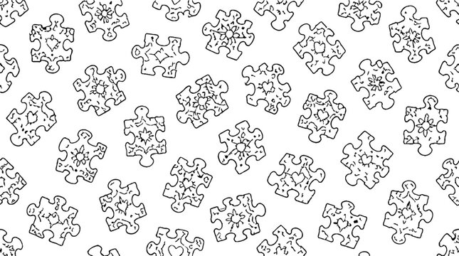 Repeating puzzle piece pattern design in black and white.