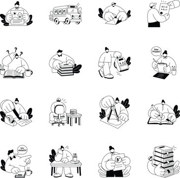 School-themed Glyph stickers featuring stationery, notebooks, exams, painting, tutoring, results, backpacks, and classroom activities. 
