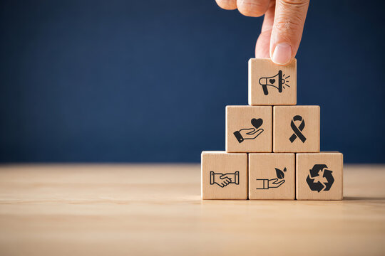 Cause marketing concept. Corporate social responsibility (CSR) appealing to consumers supporting companies with ethical values. Promoting a social or environmental cause, enhancing brand image. 
