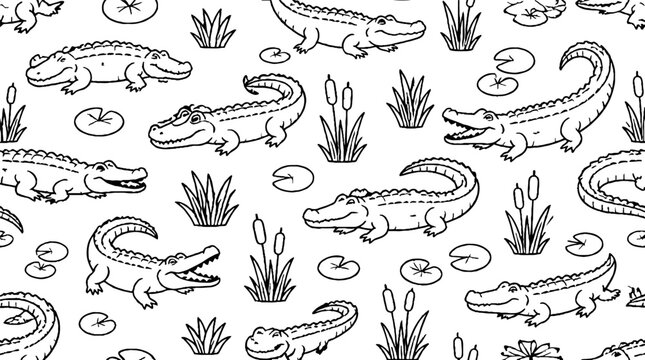 Detailed black and white crocodile pattern illustration.