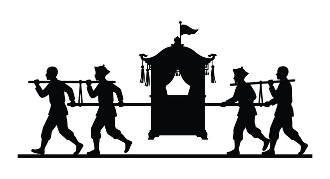 Four Figures Carrying A Palanquin In Silhouette Against A White Background sedan chair litter bearers porters carriers procession
