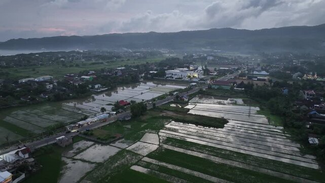Aerial view of lush green rice paddies and residential buildings under a cloudy sky in Pacitan, East Java, Indonesia.