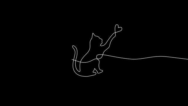 one line drawing animation video of a cat holding a heart in black