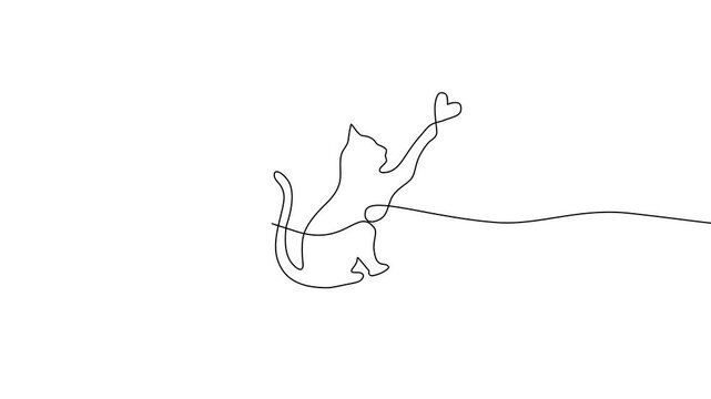 one line drawing animation video of a cat holding a heart