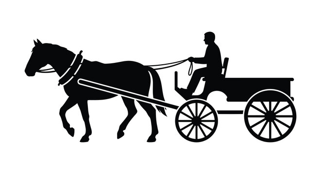 Horse drawn carriage with driver black silhouette against a white background silhouette horse drawn equine transportation vehicle coachman wagon