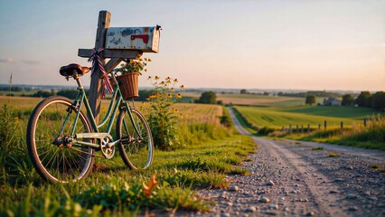 Naklejka premium Vintage bicycle beside country road overlooking rural landscape