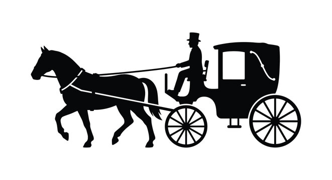 Horse drawn carriage with driver depicted in a black silhouette against a white background silhouette horse drawn buggy coach