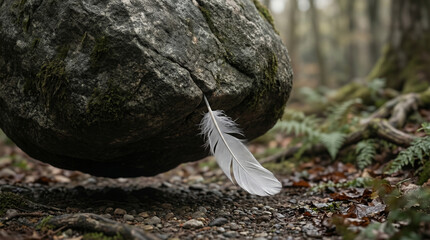 White feather supporting a massive stone in a forest © galam