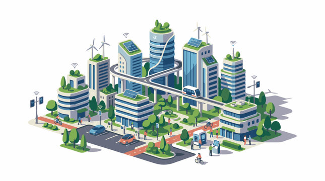A futuristic cityscape with green buildings and sustainable energy sources