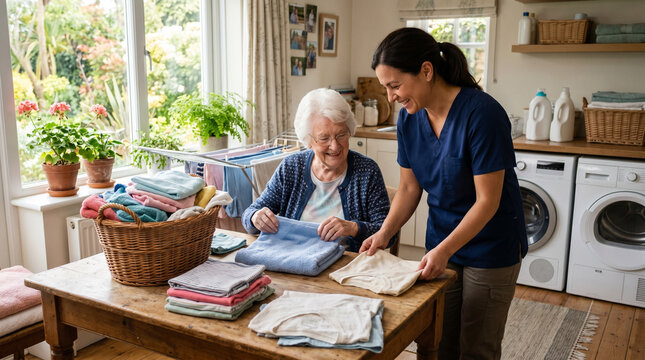 Caregiver helping an elderly woman fold laundry at home