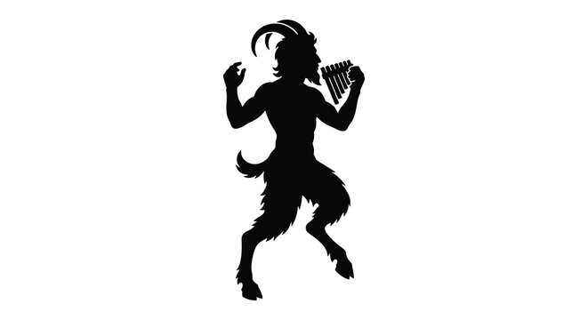 A mythical satyr playing a musical instrument depicted as a black silhouette against a white background mythological creature