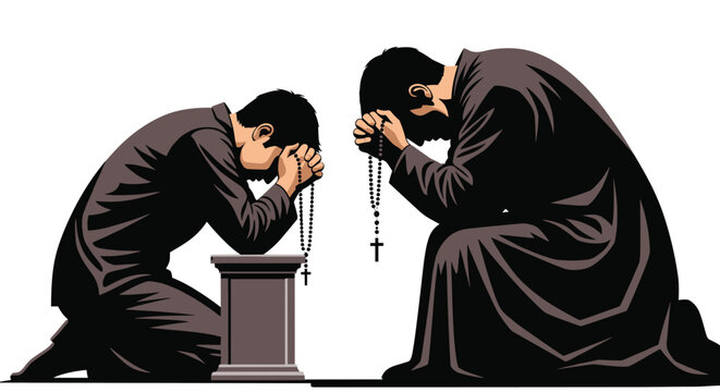 Two men kneeling in deep prayer and devotion while holding rosaries and bowing their heads in a dark spiritual or religious setting.