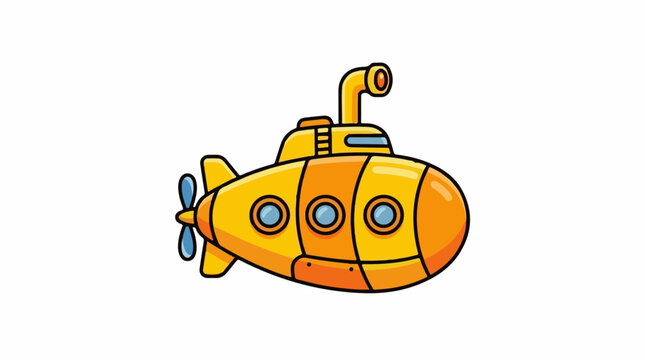A cartoonish illustration of a vibrant orange-yellow submarine with a propeller and periscope