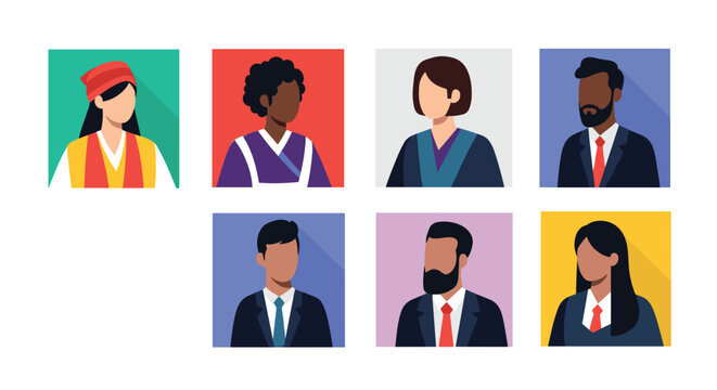 Set of diverse avatar portraits for men and women of different ethnicities and professions presented in a flat design colorful style.
