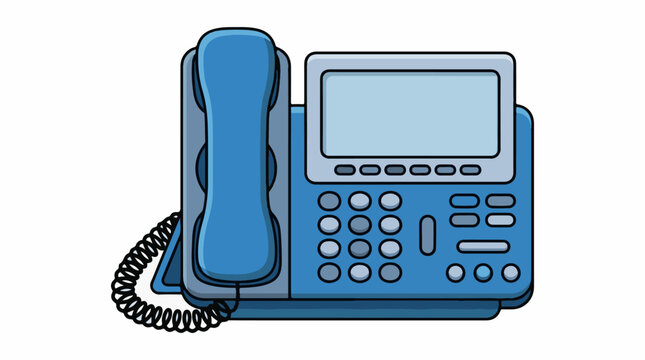 A blue office phone with a corded handset and LCD display