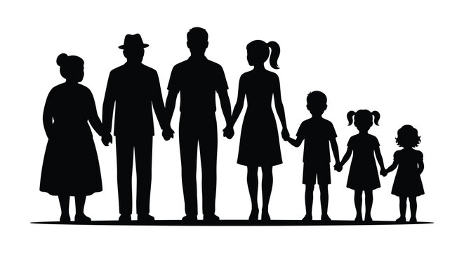 Family holding hands together a black silhouette against a white background silhouette parents children grandparent generational kinship togetherness