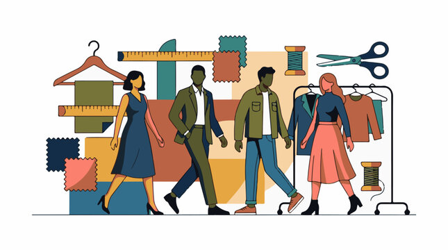 A diverse group of people walking in front of a colorful fashion design background
