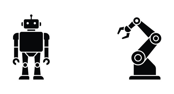Two robotic figures and a mechanical arm depicted as a black silhouette robot robots android automation industrial artificial