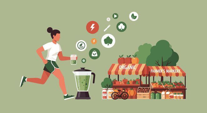Woman running with a blender and fresh produce stand.