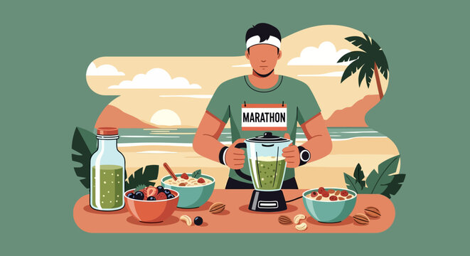 Marathon runner preparing healthy smoothie after race on beach.