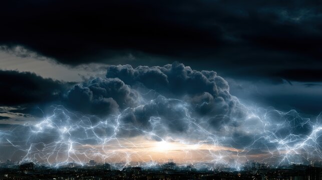 Dramatic lightning storm over city skyline at night
