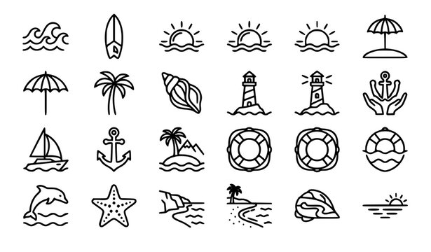 Ocean Sea Surf and Beach Outline Icons Vector Set