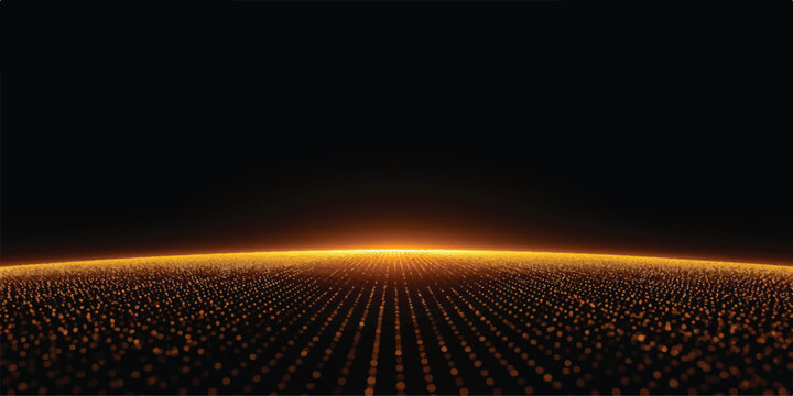Sunrise in space desert and sky with glowing orange sun fire stars and energy in a dark animated illustration loop